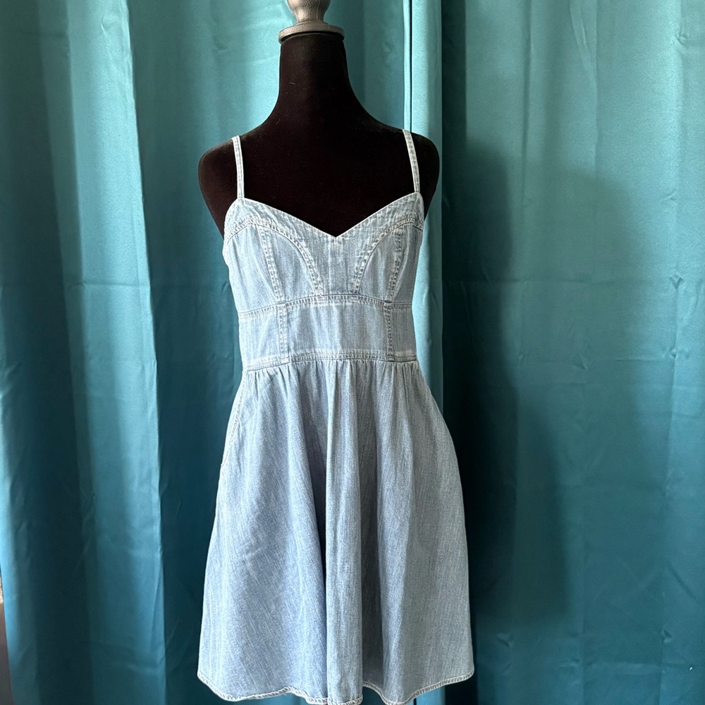 Adorable Express Light Blue Denim Dress With Adjustable Straps & Pockets! 🤗